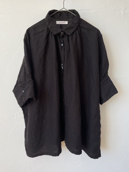 画像1: Honnete 　ハーフスリーブギャザーシャツ(blackchocolate) (1)